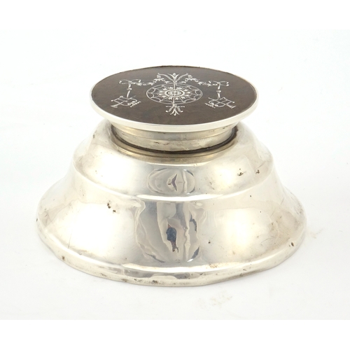 583 - Circular silver capstan inkwell with tortoiseshell pique work hinged lid, indistinct makers mark, Lo... 