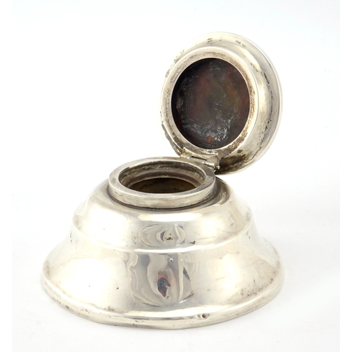 583 - Circular silver capstan inkwell with tortoiseshell pique work hinged lid, indistinct makers mark, Lo... 