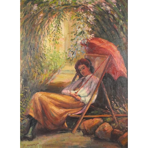 120 - After Laura Knight - Portrait of a female holding a parasol seated in a deckchair, oil on board, fra... 