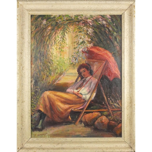 120 - After Laura Knight - Portrait of a female holding a parasol seated in a deckchair, oil on board, fra... 