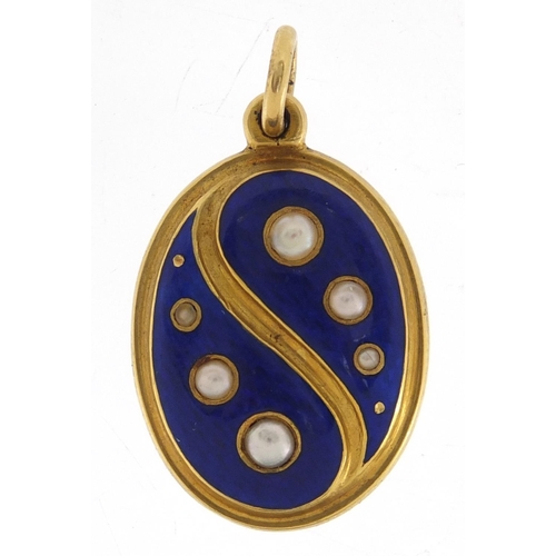 652 - Unmarked gold blue guilloche enamel and seed pearl mourning pendant, 3cm in length, approximate weig... 
