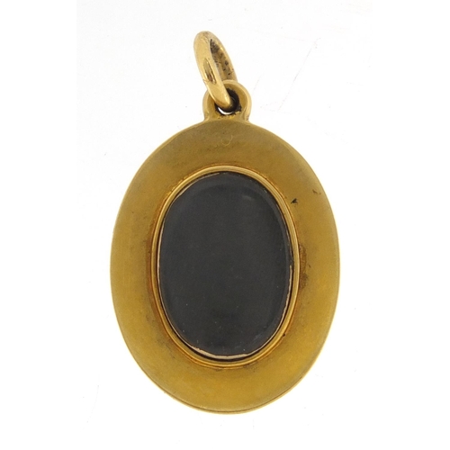652 - Unmarked gold blue guilloche enamel and seed pearl mourning pendant, 3cm in length, approximate weig... 