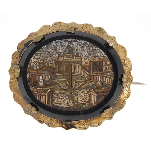 663 - Italian unmarked gold micro mosaic brooch, depicting St Peter Vatican Rome, 4.5cm wide, approximate ... 