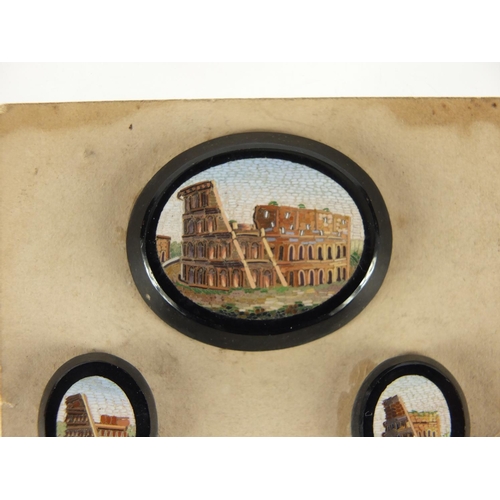 648 - Three Italian micro mosaic panels depicting the Roman Colosseum, mounted on card, the largest 3.3cm ... 
