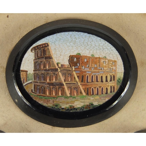 648 - Three Italian micro mosaic panels depicting the Roman Colosseum, mounted on card, the largest 3.3cm ... 