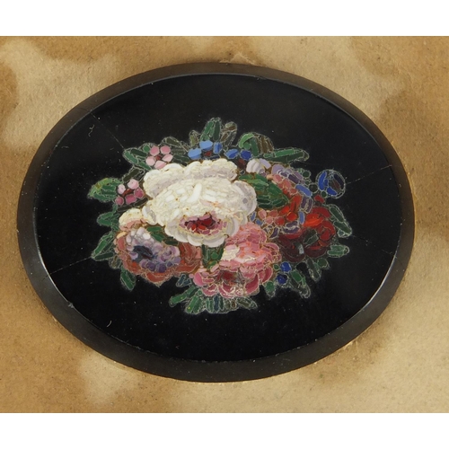 693 - Three Italian micro mosaic pietra dura panels depicting flowers, mounted on card, the largest 3.5cm ... 
