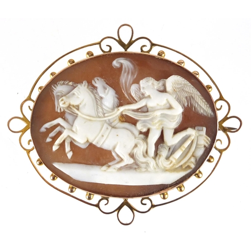 677 - Victorian 9ct gold cameo brooch depicting Nike conducting the horses of the sun, 5.7cm wide, approxi... 