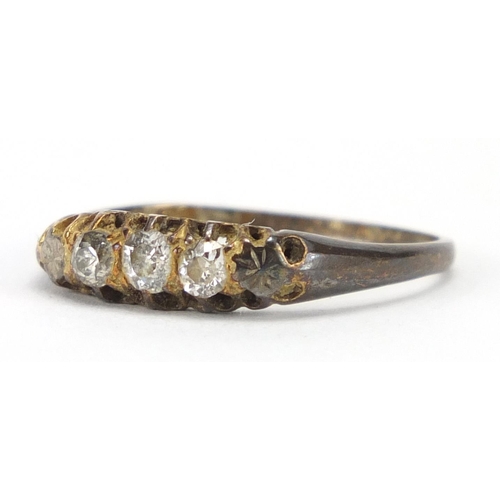 736 - 18ct gold diamond three stone ring, size P, approximate weight 2.4g