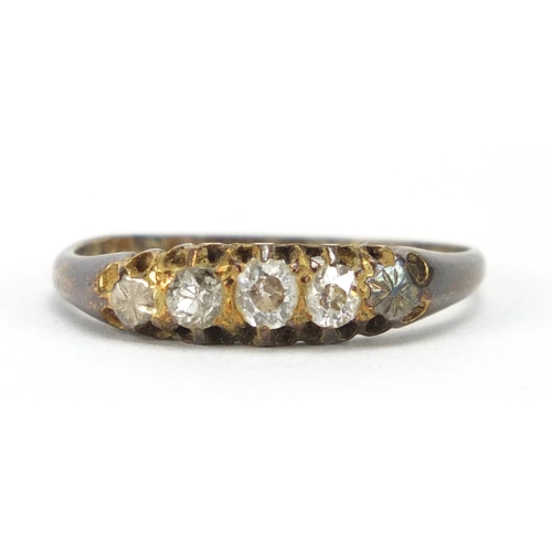 736 - 18ct gold diamond three stone ring, size P, approximate weight 2.4g