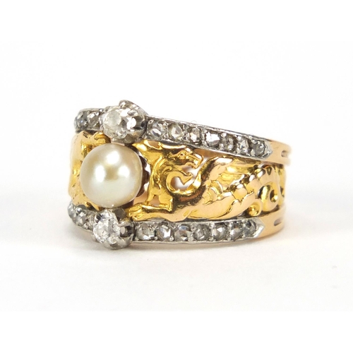 640 - French gold diamond and pearl ring, the shoulders pierced with dragons, impressed eagle head mark to... 
