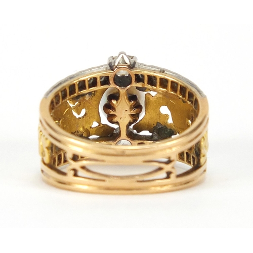 640 - French gold diamond and pearl ring, the shoulders pierced with dragons, impressed eagle head mark to... 
