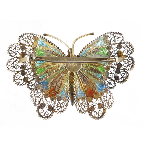 576 - 800 grade silver filigree and enamel butterfly brooch, 7cm wide, approximate weight 16.8g