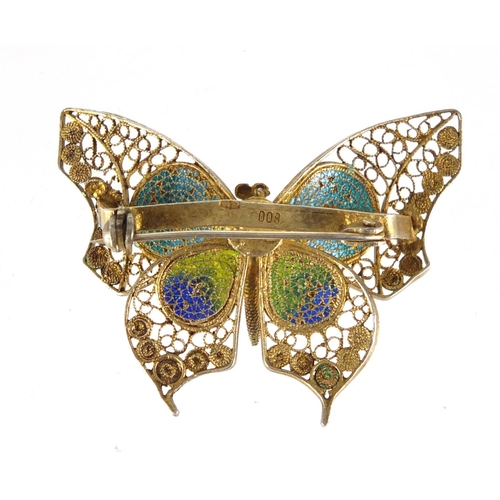 577 - 800 grade silver gilt filigree and enamel butterfly brooch, 4.1cm wide, approximate weight 6.2g