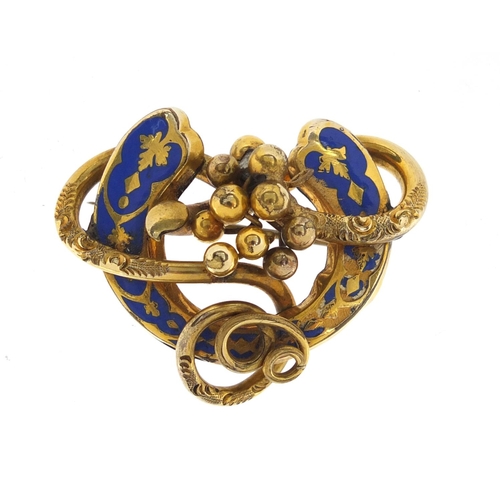 740 - Victorian gilt metal and blue enamel grapevine brooch, 4.2cm wide, approximate weight 13.6g