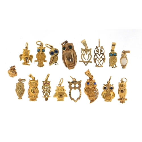 661 - Seventeen gold owl charms including 14ct and 9ct, the largest 3cm in length, approximate weight 21.3... 
