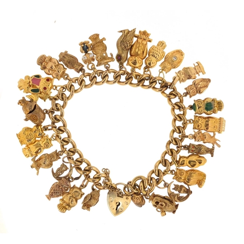 647 - Good 9ct gold charm bracelet with a large selection of mostly gold owl charms including 18ct, 14ct a... 