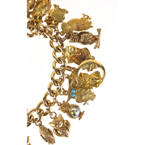 637 - Good 9ct gold charm bracelet with a large selection of mostly gold owl charms including 18ct, 14ct a... 