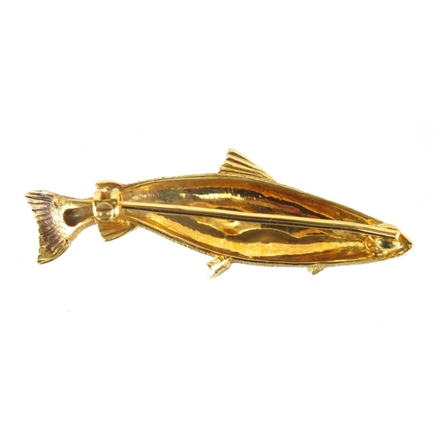727 - Gold trout bar brooch set with a diamond eye, indistinct hallmarks, 4.4cm in length, approximate wei... 