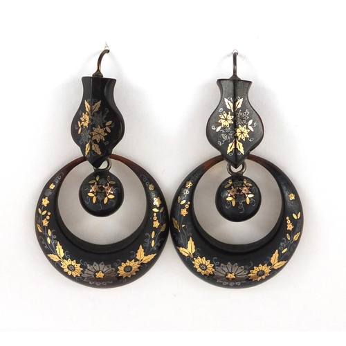 734 - Pair of Victorian tortoiseshell pique work drop earrings, 5cm in length, approximate weight 8.2g