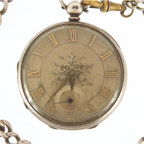 805 - Ladies silver William Fowley open face pocket watch with fusee movement and silver chain, the case d... 