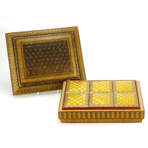 364 - 19th century Japanese straw work box, the lift off lid with geometric designs enclosing six boxes an... 