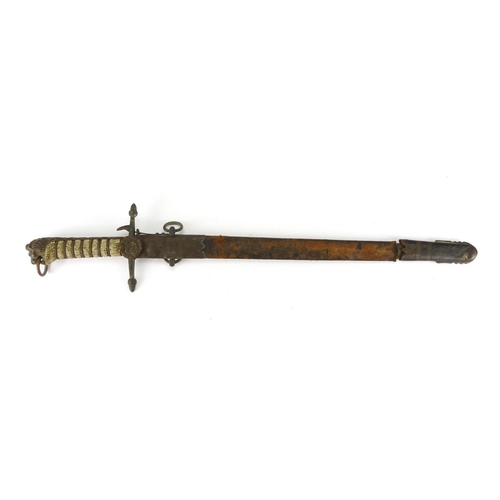 230 - 19th century Naval short sword by J Giev & Sons of Portsmouth with leather scabbard, wire bound shag... 