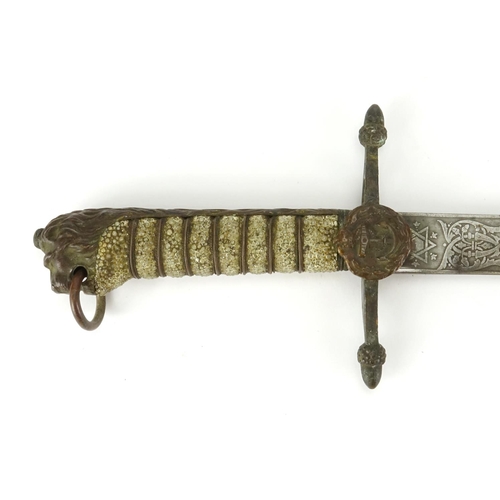 230 - 19th century Naval short sword by J Giev & Sons of Portsmouth with leather scabbard, wire bound shag... 