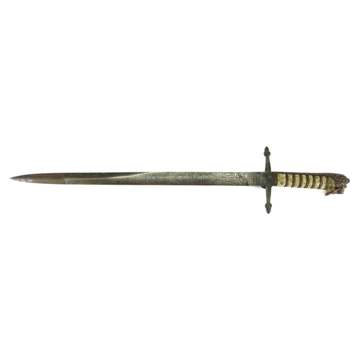 230 - 19th century Naval short sword by J Giev & Sons of Portsmouth with leather scabbard, wire bound shag... 