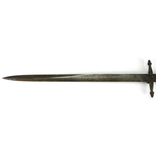 230 - 19th century Naval short sword by J Giev & Sons of Portsmouth with leather scabbard, wire bound shag... 