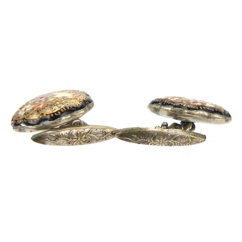 338 - Pair of Japanese Satsuma pottery cufflinks, hand painted with flowers, each 2cm in diameter