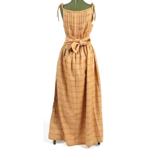 2469 - 1970's tweed maxi dress with scarf, probably size 12