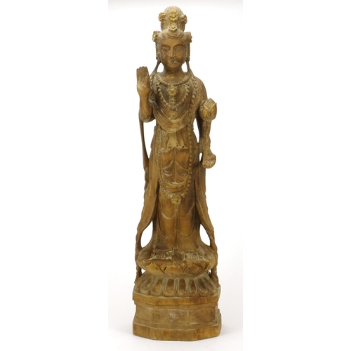 2357 - Large Chinese partially gilt wood carving of Guanyin, 71cm high
