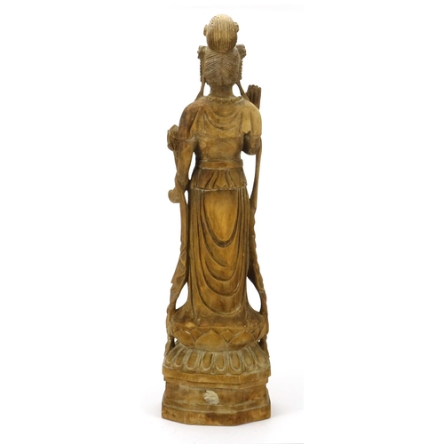2357 - Large Chinese partially gilt wood carving of Guanyin, 71cm high