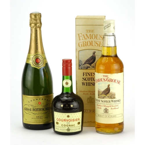 2183 - Three bottles of alcohol comprising a bottle of Alfred Rothschild champagne, Famous Grouse Whisky an... 