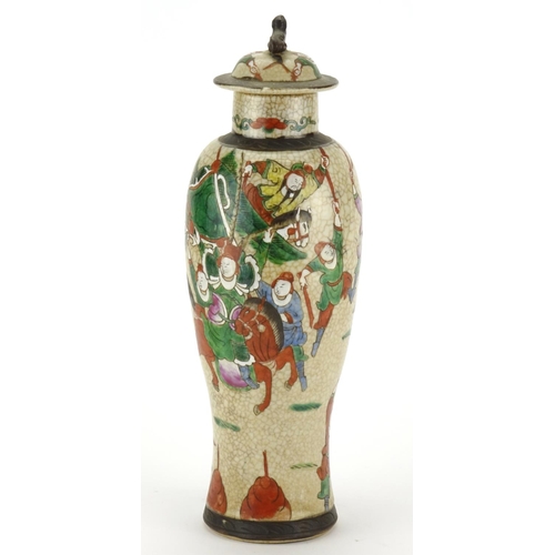 2350 - Chinese crackle glazed baluster vase and cover, hand painted in the famille verte palette with warri... 