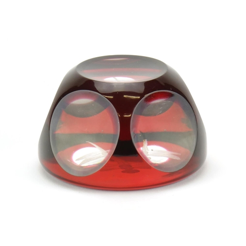 2382 - Bohemian red overlaid glass paperweight etched with a dragonfly, 7.5cm in diameter