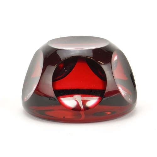 2382 - Bohemian red overlaid glass paperweight etched with a dragonfly, 7.5cm in diameter