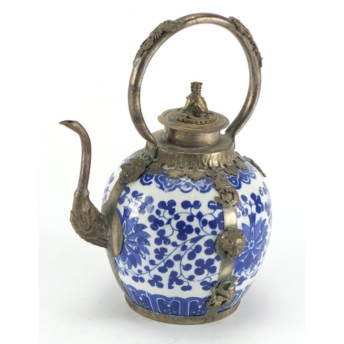 382 - Chinese blue and white porcelain teapot with silver plated mounts, 20cm high