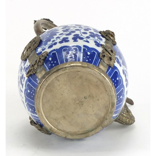 382 - Chinese blue and white porcelain teapot with silver plated mounts, 20cm high