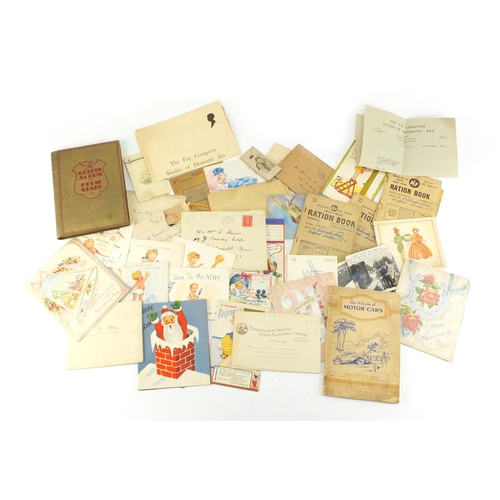662 - Ephemera including Ministry of Food ration books, postcards, greetings telegrams and greetings cards