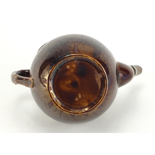 129 - Treacle glazed teapot with silver mounts, hallmarked Birmingham 1906