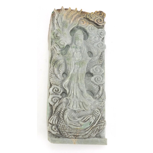 640 - Chinese stone carving of Guanyin with a dragon, 20cm high