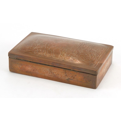 590 - Indian copper cigarette box with hinged lid and silver inlay, 15cm wide