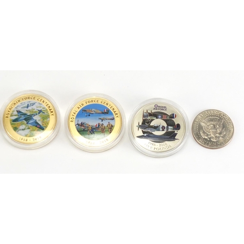 714 - British and American coinage including two Royal Air Force Centenary, enamelled fifty pence coins, t... 