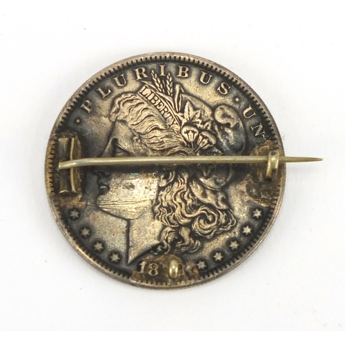 682 - American silver one dollar enamelled coin brooch, dated 18?9, 3.3cm in diameter