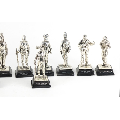111 - Fourteen Military interest silver plated figures including The Royal Welsh Fusiliers, Seaforth Highl... 