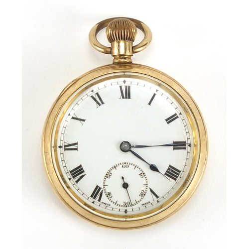 203 - Gentleman's gold plated open face pocket watch with enamelled dial, 5cm in diameter