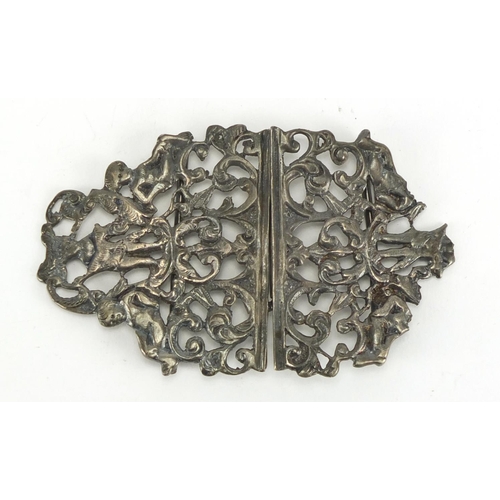 473 - Victorian unmarked silver two piece nurses buckle, 9cm wide,