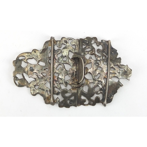 473 - Victorian unmarked silver two piece nurses buckle, 9cm wide,