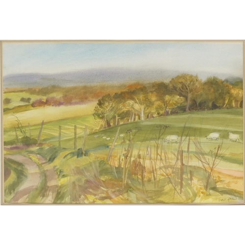 199 - Violet Fuller - Extensive landscape view, watercolour on paper, bearing a signature, mounted and fra... 